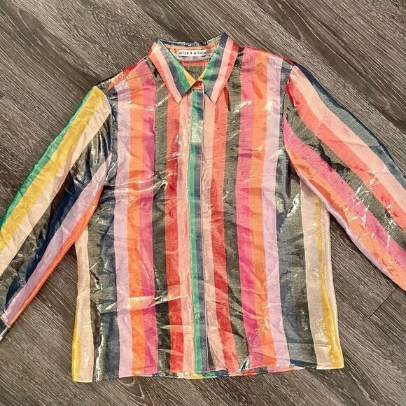 Alice + Olivia Rainbow Willa Metallic Striped Shirt - Picture 3 of 6